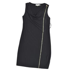 Calvin Klein Black Shift Dress Size S Midi Cowl Neck Full Gold Zip